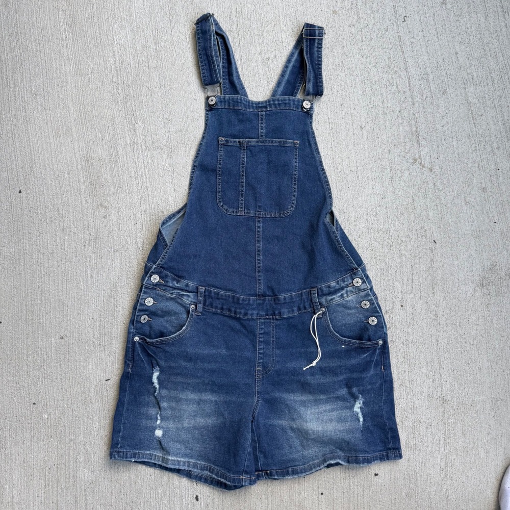 Gemma‎ Rae Denim Short Overalls Medium Distressed Stretch Bib Romper Blue